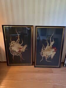 Pair-of-Vintage-Chinese-Silk-Embroidered-Rooster-Panels