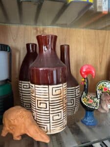 Set-of-Mid-Century-Modern-Geometric-Drip-Glaze-Ceramic-Vases-and-Portuguese-Rooster-Figurine