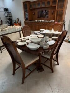 Thomasville-Cane-Back-Dining-Chairs-and-Floral-Dinnerware-Set