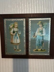 Victorian-Chromolithograph-Die-Cut-Pair-of-Children-in-Folk-Attire-Framed