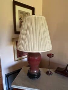 Vintage-Chinese-Oxblood-Glazed-Porcelain-Vase-Lamp-on-Carved-Wooden-Base