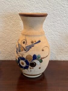 Vintage-Mexican-Tonala-Pottery-Vase-with-Bird-and-Floral-Design
