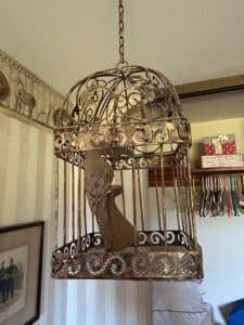Vintage-Ornate-Metal-Birdcage-with-Bird-Figure