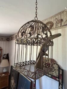 Vintage-Ornate-Metal-Birdcage-with-Bird-Figure-third-image