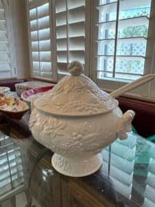 Vintage-White-Ceramic-Embossed-Fruit-Soup-Tureen-with-Ladle