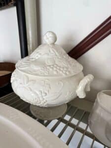 Vintage-White-Ceramic-Soup-Tureen-with-Fruit-Motif-Lid-and-Ladle-Possibly-Signature-Japan