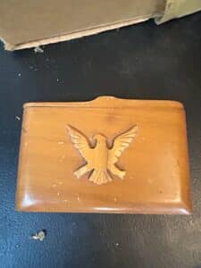Vintage-Wooden-Cigarette-Dispenser-with-Eagle-Emblem