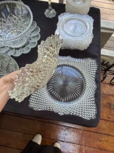 Anchor-Hocking-Miss-America-Clear-Glass-Footed-Compote-Bowl-and-Square-Plates