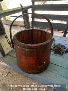 Antique-Wooden-Firkin-Bucket-with-Metal-Bands-and-Chain