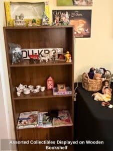 Assorted-Collectibles-Displayed-on-Wooden-Bookshelf