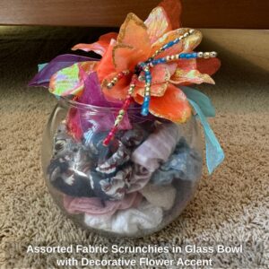 Assorted-Fabric-Scrunchies-in-Glass-Bowl-with-Decorative-Flower-Accent-second-image