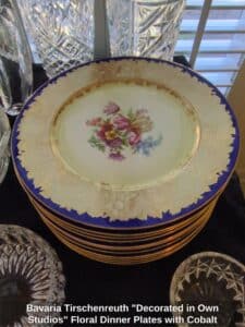 Bavaria-Tirschenreuth-Decorated-in-Own-Studios-Floral-Dinner-Plates-with-Cobalt-Blue-Rim-and-Gold-Trim