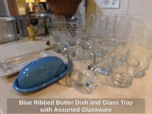 Blue-Ribbed-Butter-Dish-and-Glass-Tray-with-Assorted-Glassware
