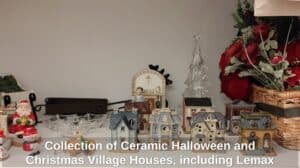 Collection-of-Ceramic-Halloween-and-Christmas-Village-Houses-including-Lemax-and-Department
