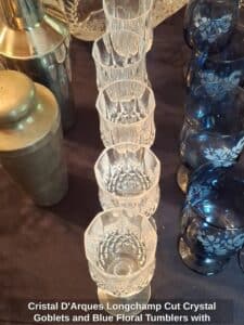 Cristal-DArques-Longchamp-Cut-Crystal-Goblets-and-Blue-Floral-Tumblers-with-Shaker-Set