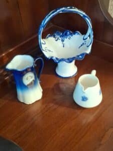 Flow-Blue-Porcelain-Pitcher-Basket-and-Creamer-Set