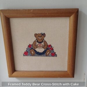 Framed-Teddy-Bear-Cross-Stitch-with-Cake