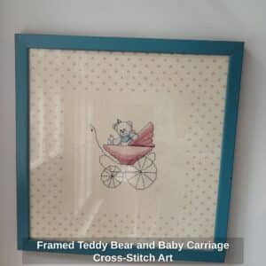 Framed-Teddy-Bear-and-Baby-Carriage-Cross-Stitch-Art