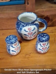 Gerald-Henn-Blue-Heart-Spongeware-Pitcher-and-Salt-Shakers-Set