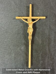Gold-toned-Metal-Crucifix-with-Hammered-Cross-and-INRI-Plaque