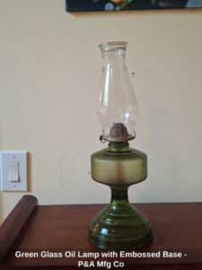 Green-Glass-Oil-Lamp-with-Embossed-Base-PA-Mfg-Co