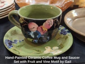 Hand-Painted-Ceramic-Coffee-Mug-and-Saucer-Set-with-Fruit-and-Vine-Motif-by-Gail-Pittman