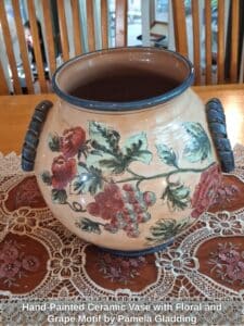 Hand-Painted-Ceramic-Vase-with-Floral-and-Grape-Motif-by-Pamela-Gladding