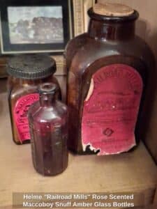 Helme-Railroad-Mills-Rose-Scented-Maccoboy-Snuff-Amber-Glass-Bottles