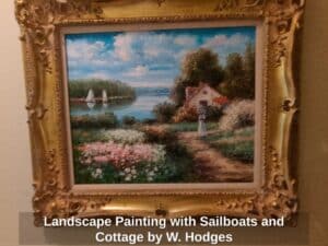 Landscape-Painting-with-Sailboats-and-Cottage-by-W.-Hodges