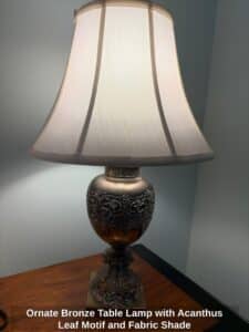 Ornate-Bronze-Table-Lamp-with-Acanthus-Leaf-Motif-and-Fabric-Shade