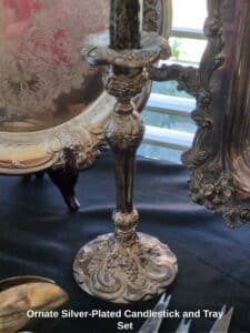 Ornate-Silver-Plated-Candlestick-and-Tray-Set