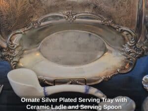 Ornate-Silver-Plated-Serving-Tray-with-Ceramic-Ladle-and-Serving-Spoon