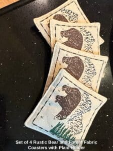 Set-of-Rustic-Bear-and-Forest-Fabric-Coasters-with-Plaid-Holder