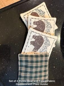 Set-of-Rustic-Bear-and-Forest-Fabric-Coasters-with-Plaid-Holder-second-image