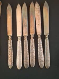 Set-of-Six-Silver-Plated-Butter-Knives-with-Two-Serving-Utensils-and-Decorative-Dish