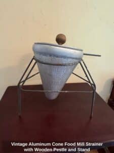 Vintage-Aluminum-Cone-Food-Mill-Strainer-with-Wooden-Pestle-and-Stand