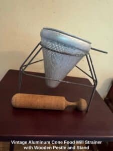 Vintage-Aluminum-Cone-Food-Mill-Strainer-with-Wooden-Pestle-and-Stand-third-image
