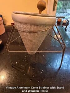 Vintage-Aluminum-Cone-Strainer-with-Stand-and-Wooden-Pestle