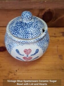 Vintage-Blue-Spatterware-Ceramic-Sugar-Bowl-with-Lid-and-Hearts