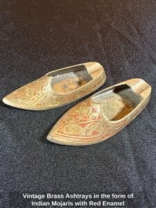 Vintage-Brass-Ashtrays-in-the-form-of-Indian-Mojaris-with-Red-Enamel-second-image-1
