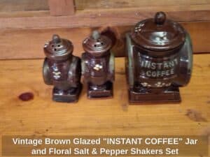 Vintage-Brown-Glazed-INSTANT-COFFEE-Jar-and-Floral-Salt-Pepper-Shakers-Set