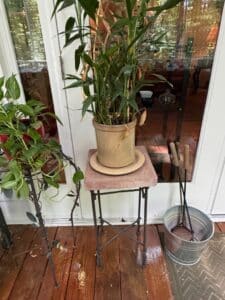 Vintage-Ceramic-Crock-Planter-with-Metal-Stand-and-Fireplace-Tools