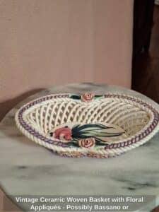 Vintage-Ceramic-Woven-Basket-with-Floral-Appliqus-Possibly-Bassano-or-Capodimonte