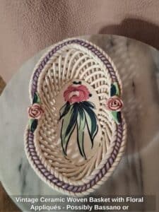 Vintage-Ceramic-Woven-Basket-with-Floral-Appliqus-Possibly-Bassano-or-Capodimonte-second-image