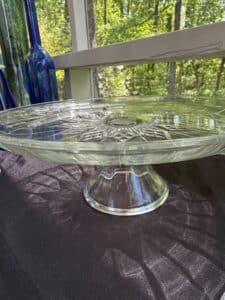 Vintage-Clear-Pressed-Glass-Six-Point-Star-Pedestal-Cake-Stand-and-Vintage-Iridescent-Glass-Pedestal-Cake-Stand