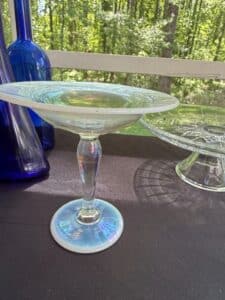 Vintage-Clear-Pressed-Glass-Six-Point-Star-Pedestal-Cake-Stand-and-Vintage-Iridescent-Glass-Pedestal-Cake-Stand-third-image