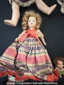Vintage-Composition-Doll-with-Plaid-Dress