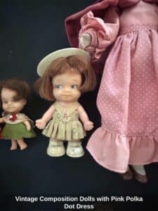 Vintage-Composition-Dolls-with-Pink-Polka-Dot-Dress