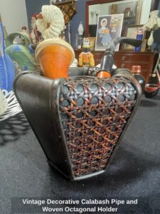 Vintage-Decorative-Calabash-Pipe-and-Woven-Octagonal-Holder