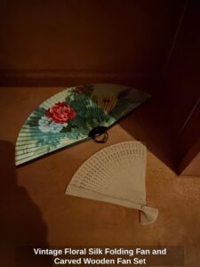 Vintage-Floral-Silk-Folding-Fan-and-Carved-Wooden-Fan-Set